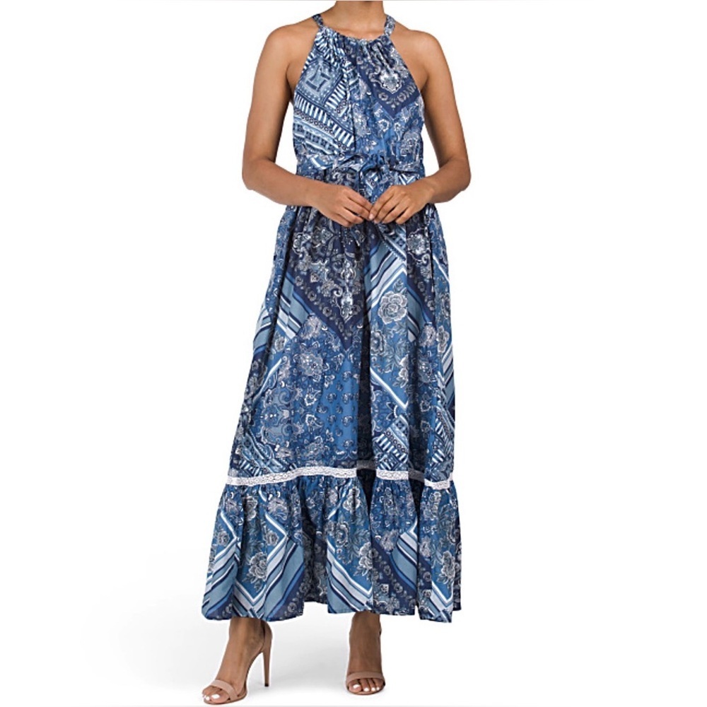 Lucky Brand Halter Maxi Dress Cotton Blue Paisley Boho Size Large NWT